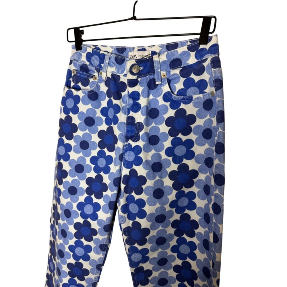 Zara Blue Floral Print Wide Leg Jeans Y2K Retro Cotton Denim 4 - Picture 5 of 8